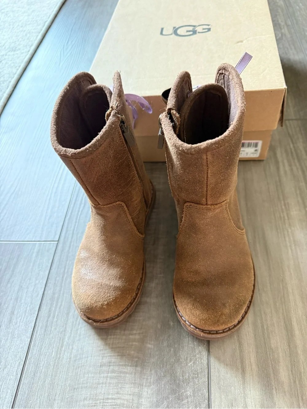 UGG Kids Brown Suede Boots with Lavender Laces
